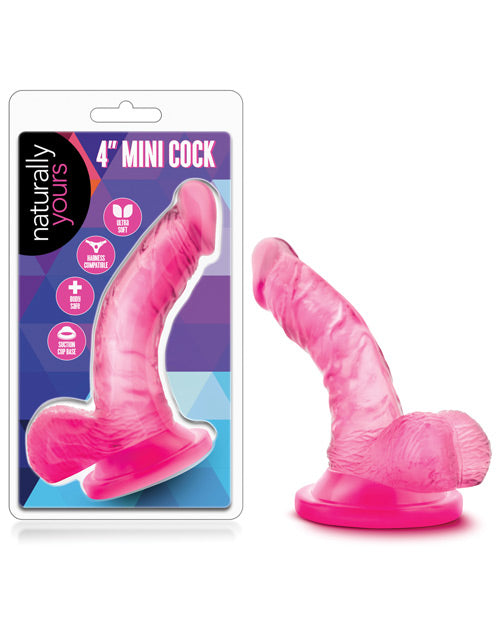 Pink 4-inch mini cock with packaging labeled 'naturally yours' on a white background