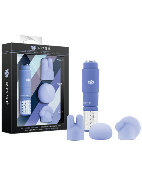 Blue massage kit with packaging labeled 'ROSE' on a white background