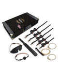 Collection of leather and metal accessories with a black box on a white background