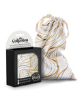 Blush brand packaging with a marble patterned drawstring bag on a white background