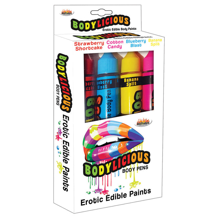 Package of Bodylicious Erotic Edible Paints with colorful body pens.