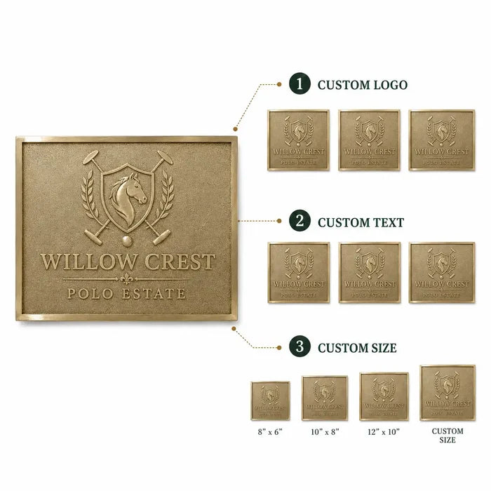 Premium gold brass plaque for office and home shown in an infographic with custom design, size and finish options.