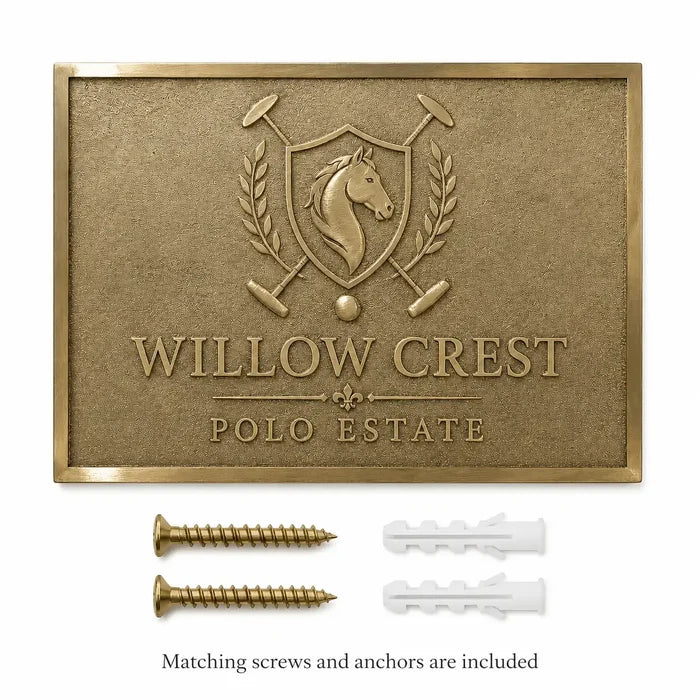 Premium gold brass plaque for office and home alongside mounting hardware, including screws and wall anchors.