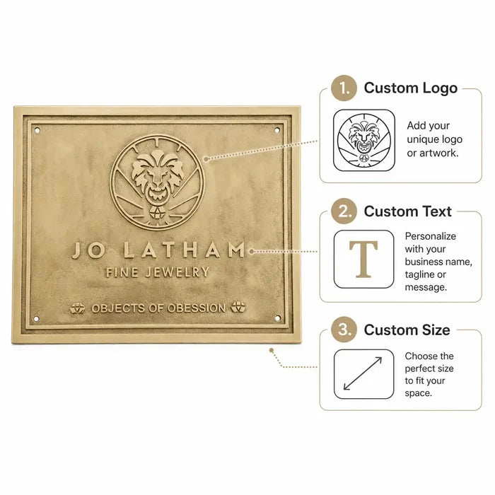 Personalized brass plaque displayed with complete mounting hardware for installation.