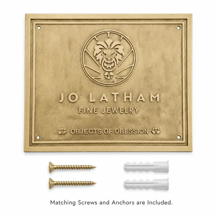 Premium engraved brass plaque infographic featuring custom text, polished finish and available size options.