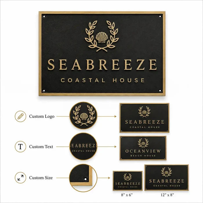 Brass House Number Plaque shown in an infographic with custom design, size and finish options.