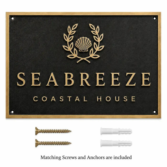 Brass House Number Plaque shown with included screws and anchors on a clean product background.