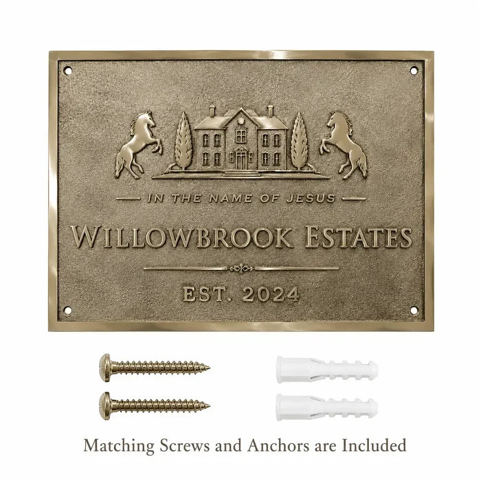 Brass House Number Plaque shown with included screws and anchors on a clean product background.