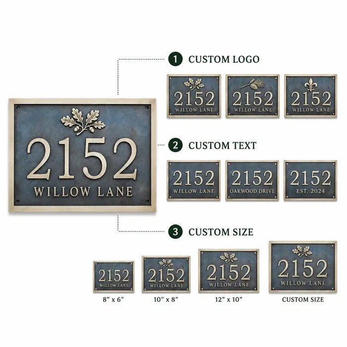 Brass House Number Plaque infographic showing customization options, sizes, finishes and mounting details.
