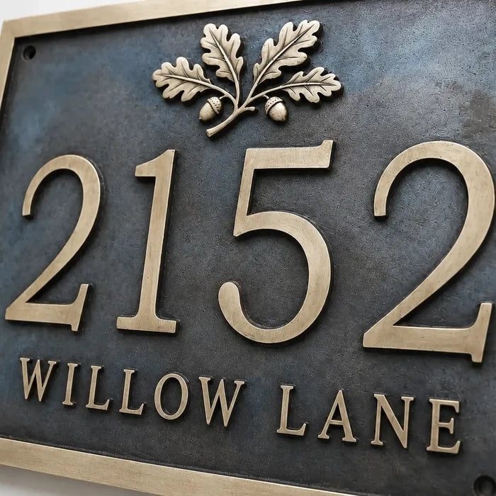 Personalized brass house number plaque with custom engraving