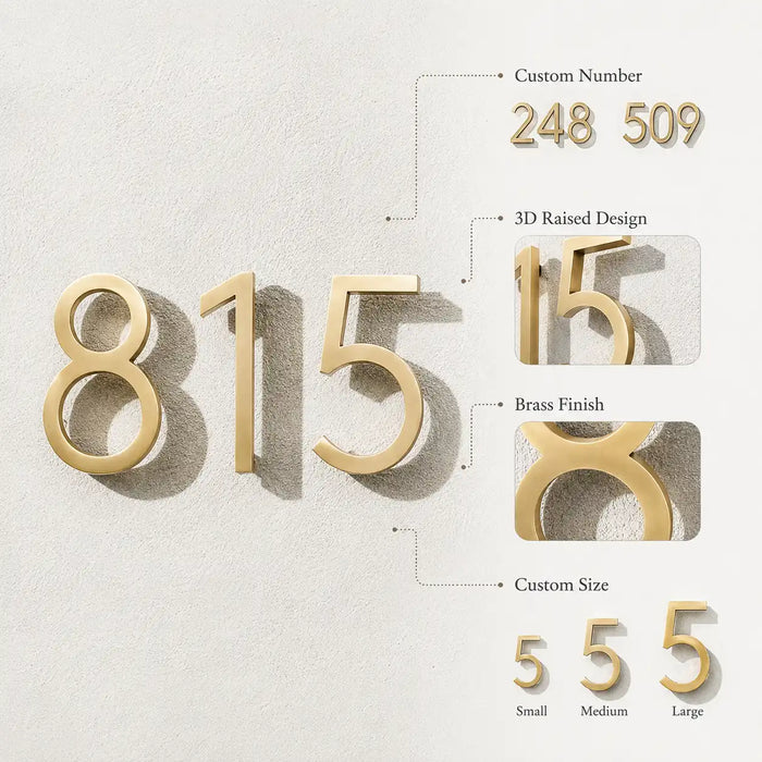 Brass House Number Sign Stands Out infographic highlighting raised lettering, premium finish and outdoor durability.