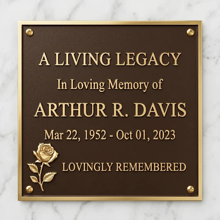 Memorial plaque for Arthur R. Davis with a rose emblem on a marble background