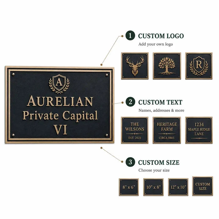 Infographic of a Brass House Number Plaque displaying product features, customization and mounting choices.