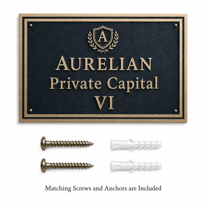 Brass House Number Plaque presented with screws and anchors for secure wall mounting.