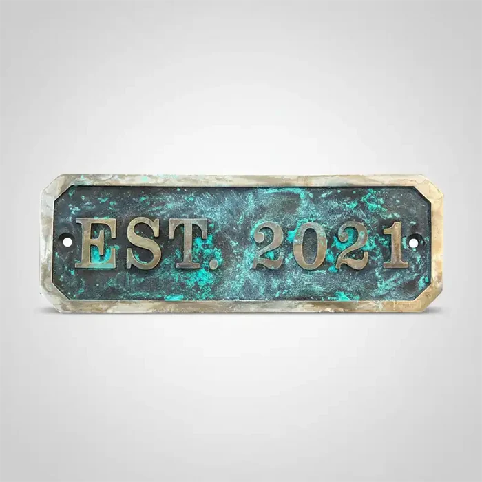 Decorative Custom Brass Name & Address Plaque - Patina Finish with custom text on a white background