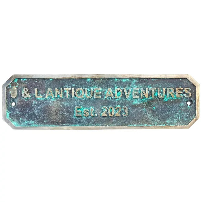 Custom engraved brass door sign patina style