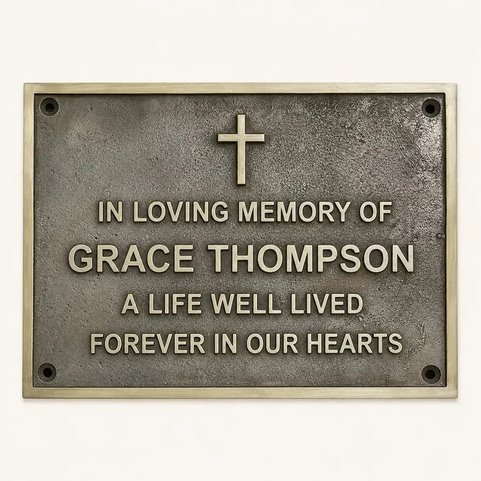 Custom brass and bronze memorial plaques with engraved lettering