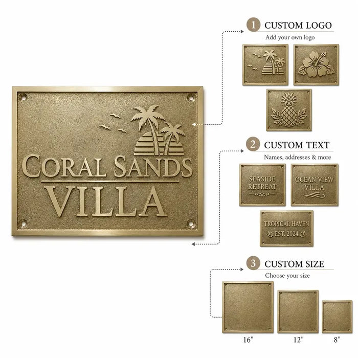 Premium gold brass plaque for office and home infographic showing customization options, sizes, finishes and mounting details.