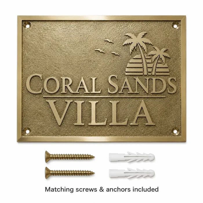 Premium gold brass plaque for office and home displayed with mounting screws and wall anchors for installation.