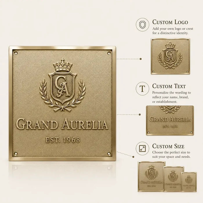 Infographic of a Brass House Number Plaque displaying product features, customization and mounting choices.