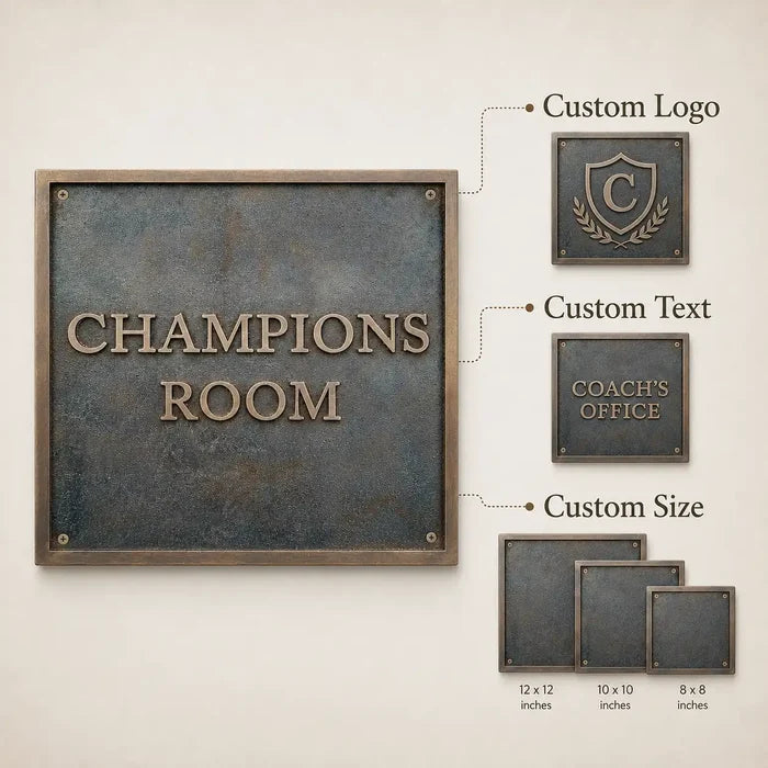 Bronze Address Plaque infographic presenting custom text options, antique bronze texture and exterior wall use.