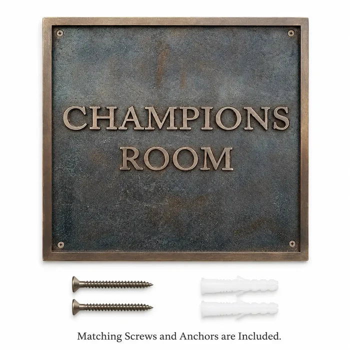 The premium bronze address plaque is shown with included fixing screws and wall anchors.