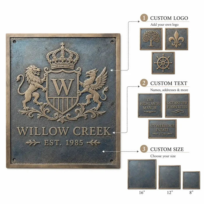 Outdoor address plaque infographic featuring personalized house details, finish choices, mounting options and handcrafted metal texture.