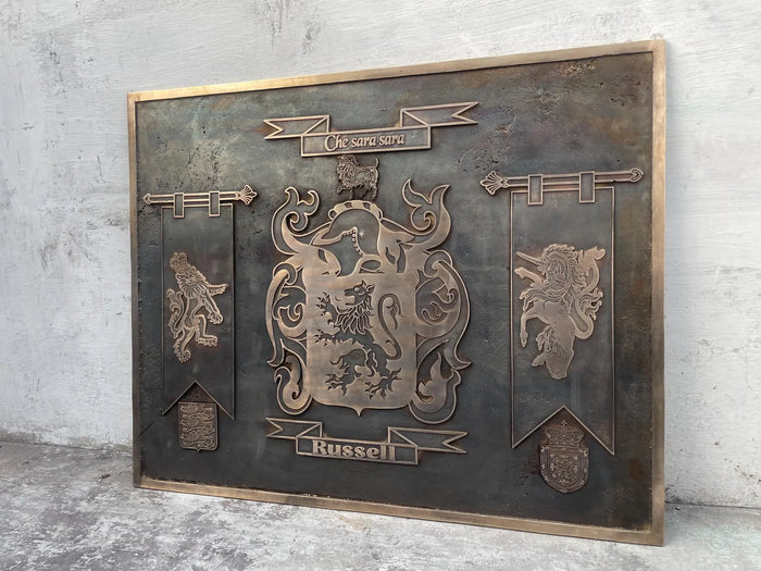 Outdoor brass address plaque with raised lettering and weather-resistant metal finish.