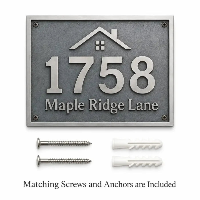 Custom Brass House Number Plaque presented with screws and anchors for easy mounting.