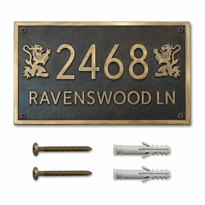 Personalized metal house plaque displayed with included screws and wall anchors on a clean white background.