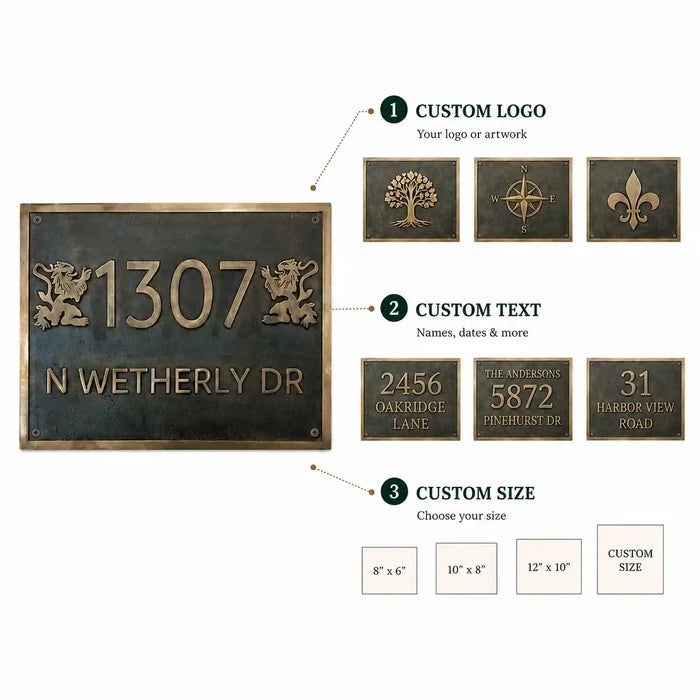 Personalized metal address plaque infographic highlighting custom lettering, house number, durable finish and weather-resistant construction.