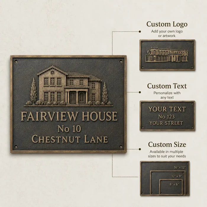 Personalized Bronze Plaque for Home Office and Outdoor infographic showing key features, customization and mounting options.