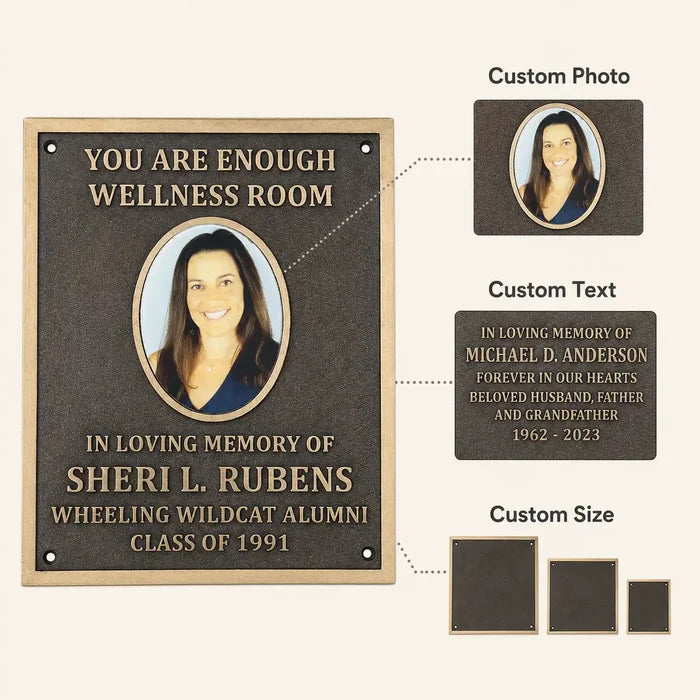 Bronze memorial plaque with engraved picture and personalized inscription infographic showing custom design, sizes and mounting details.