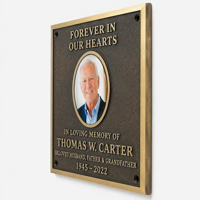 Personalized bronze memorial plaque with picture and custom text