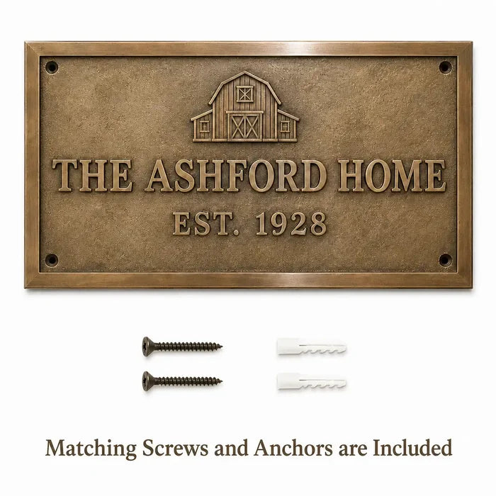 Bronze Name Plates with matching screws and anchors arranged beside the product on a clean background.