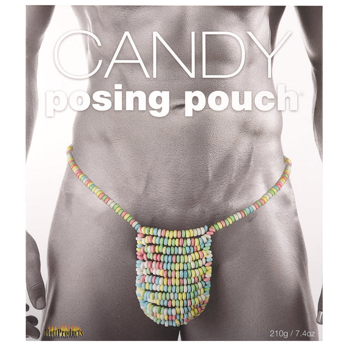 Colorful beaded posing pouch on a gray background with 'CANDY posing pouch' text.