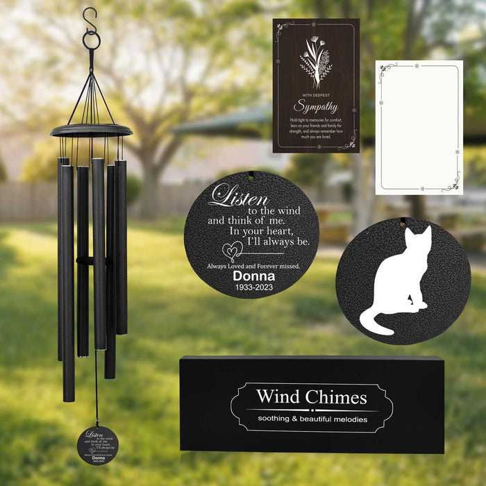 Black Cat Memorial Wind Chime with custom engraving and sympathy card