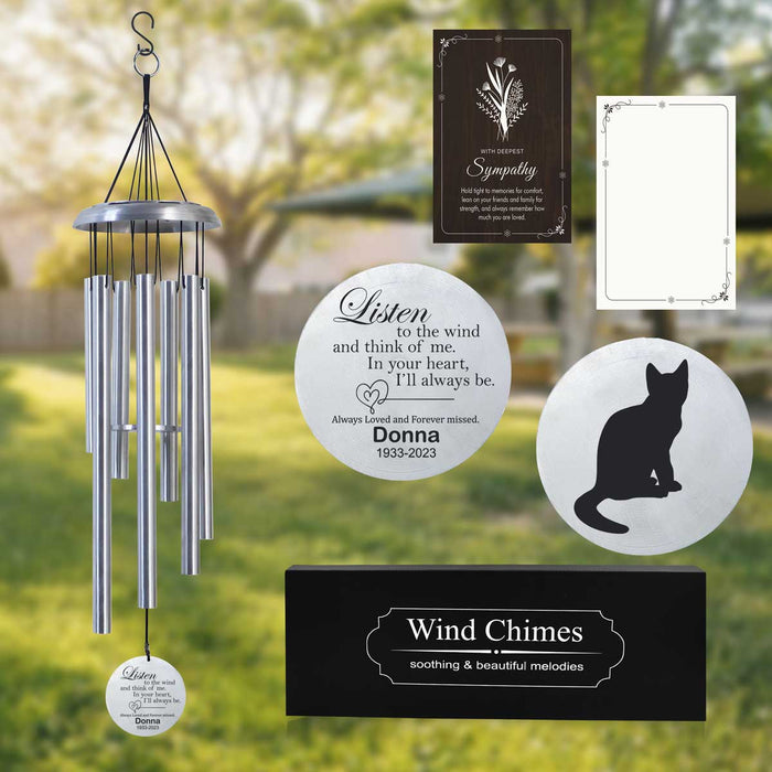 Silver Cat Memorial Wind Chime with custom engraving and sympathy card