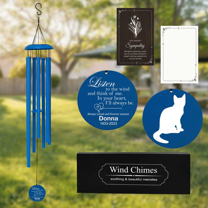 Dark Blue Cat Memorial Wind Chime with custom engraving and sympathy card