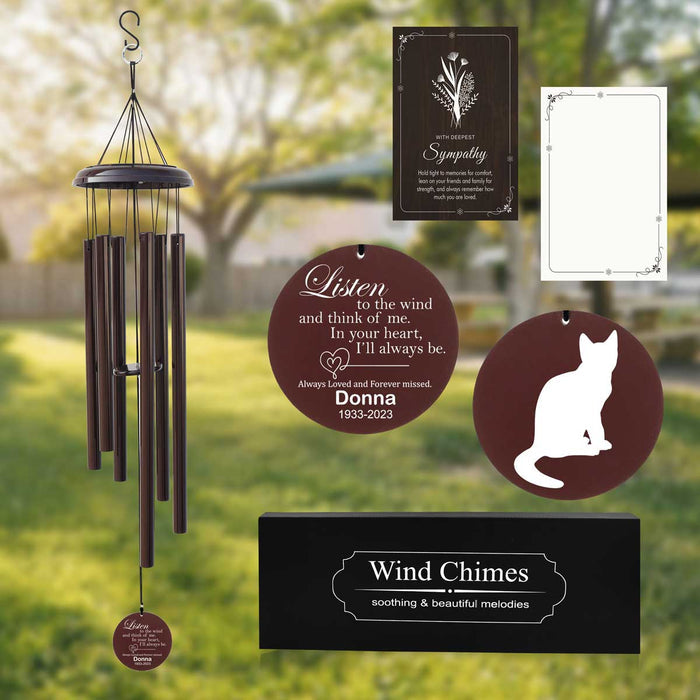 Bronze Cat Memorial Wind Chime with custom engraving and sympathy card