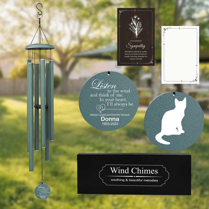 Turkish Green Cat Memorial Wind Chime with custom engraving and sympathy card
