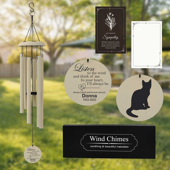 Off-White Cat Memorial Wind Chime with custom engraving and sympathy card