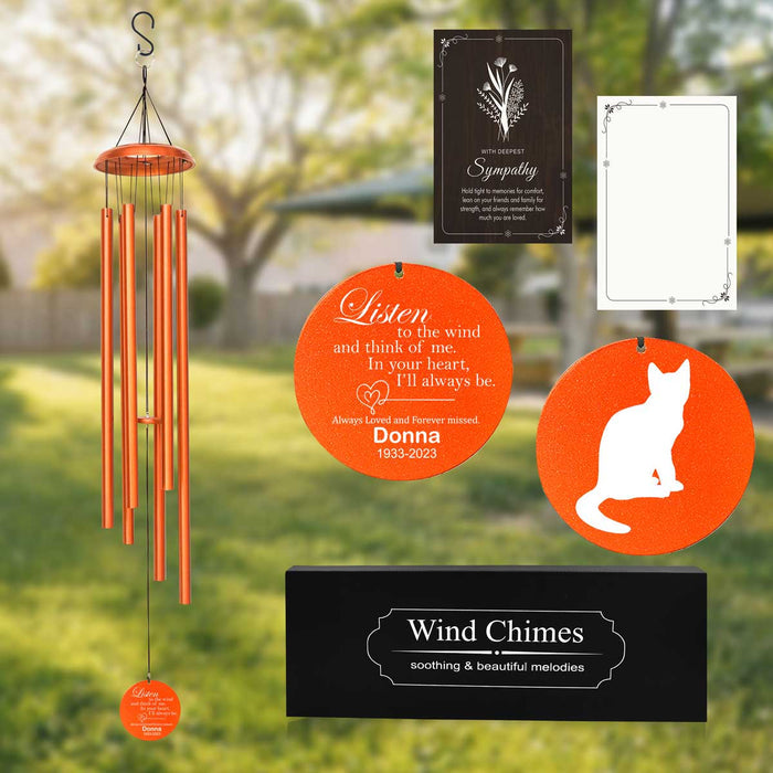 Copper Cat Memorial Wind Chime with custom engraving and sympathy card