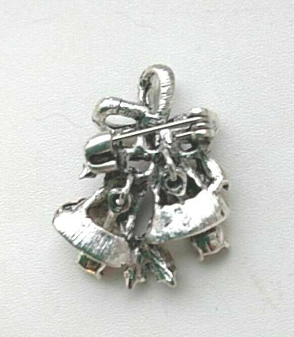 Christmas Bells Brooch Silver Plated Vintage Look Rhinestones Cake Pin B48