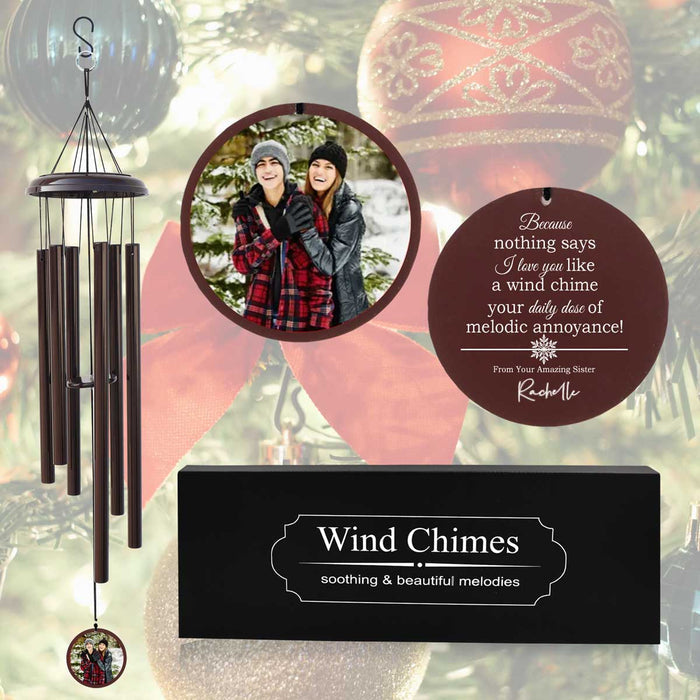 Christmas wind chime in brown color with a customizable photo and engraved message.