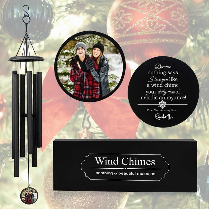 Christmas wind chime in black color with a customizable photo and engraved message.