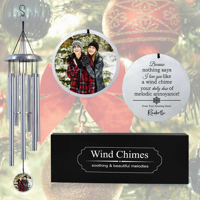 Christmas wind chime in silver color with a customizable photo and engraved message.