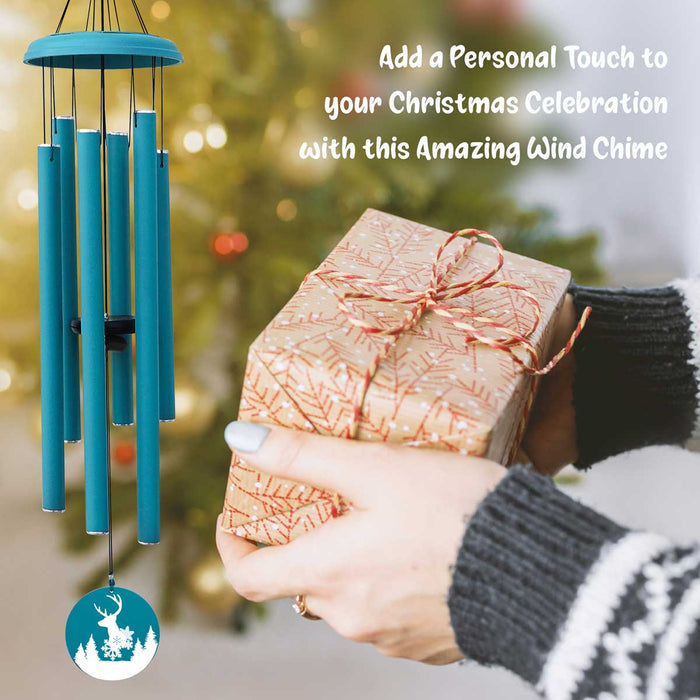 The Christmas wind chime features a light blue wind chime with a reindeer charm.