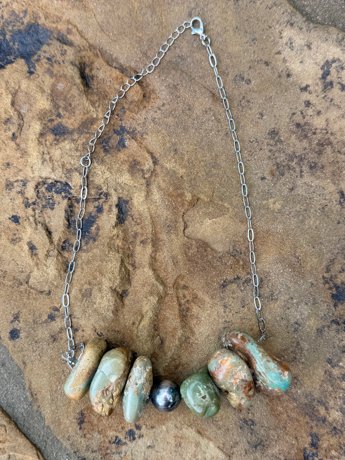 CHUNKY Turquoise Stones, 14mm Sterling Silver Pearl on Paperclip Necklace