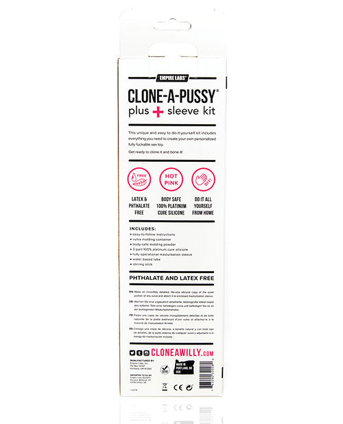 Product packaging for 'Clone a Pussy' plus sleeve kit on a white background